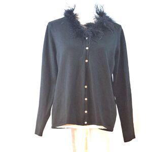Salon Z Saks 5th Avenue Black Sweater w/ Feather Collar missing 1 button Sz 1X